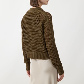 Model wearing Max Mara Main Film Open-Knit Cardigan in khaki, showing open-knit construction, polo collar, dropped shoulders and ribbed trims. Styled
