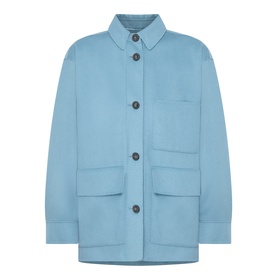 Max Mara Weekend light blue wool shirt-style coat with button front, chest pocket, and two large front pockets