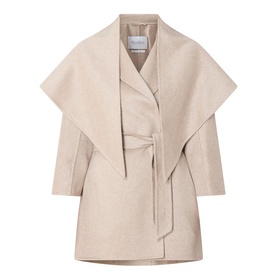 Max Mara Detto Short Overlay Wrap Coat in sand cashmere, with shawl overlay, self-tie belt, lapel collar and cropped sleeves