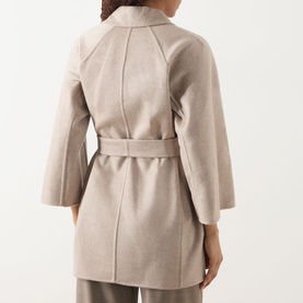 Model wearing Max Mara Detto Short Overlay Wrap Coat in sand cashmere, rear view showing self-tie belt, cropped sleeves and seam detail