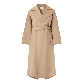 Max Mara Weekend camel wool wrap coat with notch lapels, tie belt, and drop shoulders, maxi length