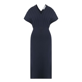 Max Mara Main ultramarine midi dress with V-neckline, short sleeves, pleated bodice, and fitted silhouette in viscose blend