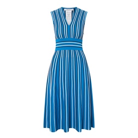 Max Mara Main Agreste Stripe Dress in Ocean, sleeveless V-neck midi with fitted waistband, flared skirt and vertical blue and white stripes