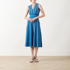 Model wearing Max Mara Main Agreste Stripe Dress in Ocean, V-neck sleeveless midi with fitted waistband and flared skirt, styled with black heeled