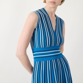 Model wearing Max Mara Main Agreste Stripe Dress in Ocean, showing V-neckline, sleeveless fit and vertical stripe knit detail.