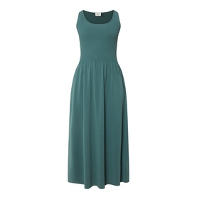 Max Mara Weekend Calibri Flared Dress in green, sleeveless midi length with ribbed upper and flared plain knit skirt.