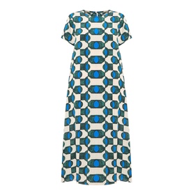Max Mara Weekend Vinci Printed Dress in dark green, geometric print midi dress, round neckline, short sleeves, A-line silhouette, 100% silk