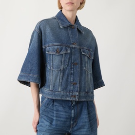 Model wearing Max Mara Weekend Liuti Denim Jacket in Navy Vintage, cropped with wide three-quarter sleeves, chest pockets, styled with matching denim