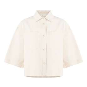 Max Mara Weekend ecru cotton cropped jacket with short sleeves, chest patch pockets, and button-front fastening