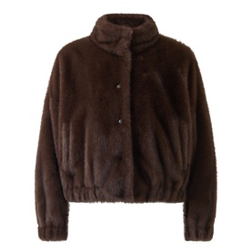Max Mara Weekend Anemone Faux Fur Jacket in brown, stand collar, press-stud fastening, elasticated hem, cropped length