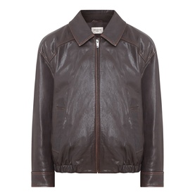 Max Mara Weekend dark brown leather bomber jacket with zip fastening, point collar, and elasticated cuffs and hem.