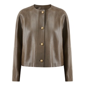 Max Mara Main Bouquet Cropped Leather Jacket in khaki, collarless with gold-tone buttons, long sleeves, smooth lamb leather finish