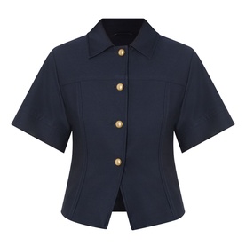 Max Mara Main ultramarine cotton jacket with short sleeves, point collar, and gold button front fastening