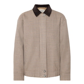 Max Mara Weekend Festa Check Print Bomber Jacket in brown small check, corduroy collar, concealed zip, elasticated hem, 100% virgin wool