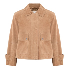 Max Mara Weekend hazelnut suede leather jacket with spread collar, patch pockets, and silver snap buttons