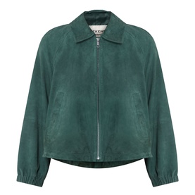 Max Mara Weekend Zuppa Suede Jacket in dark green with point collar, front zip fastening, elasticated cuffs, and slightly cropped length