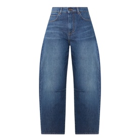 Mid blue high-rise barrel-leg jeans with faded wash, curved seam detailing and wide cropped leg