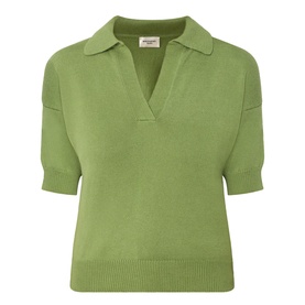 Max Mara Weekend Albero Open Collar Knitted Polo Shirt in green, short sleeves, open V-placket, ribbed trims, puff shoulders