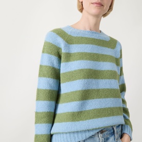 Model wearing Max Mara Weekend Ghiacci Stripe Sweater in blue and green stripes, crew neck, long raglan sleeves, styled with blue jeans.