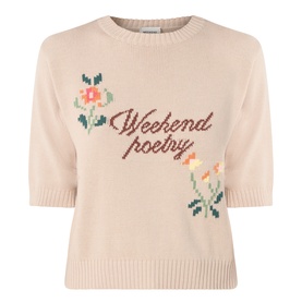 Max Mara Weekend sand knit top with Weekend Poetry floral intarsia design, short sleeves, 95% cotton blend