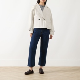 Model wearing Max Mara Weekend Boero Water-Repellent Jacket in Ivory Bicolour, double-breasted with notched lapels, styled with dark jeans and black