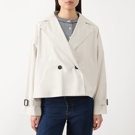 Model wearing Max Mara Weekend Boero Water-Repellent Jacket in ivory, double-breasted with notched lapels and tab cuffs, styled with striped top and