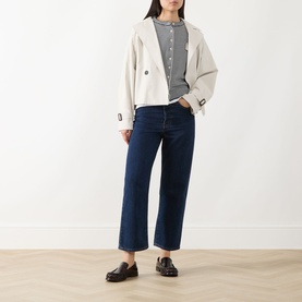 Model wearing Max Mara Weekend Boero Water-Repellent Jacket in Ivory Bicolour, double-breasted, styled with stripe top, dark jeans and black loafers