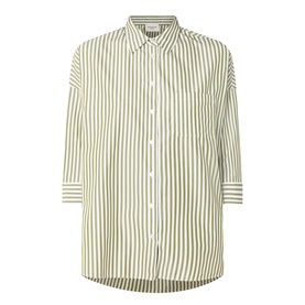 Max Mara Weekend Giralda Striped Shirt in green, white vertical stripes, shirt collar, cropped sleeves, button front, structured cuffs