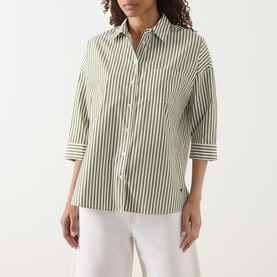 Model wearing Max Mara Weekend Giralda Striped Shirt in Green Fine, cropped sleeves, button front, styled with white trousers