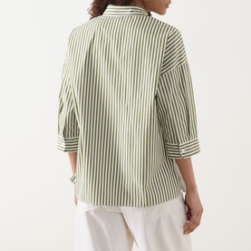 Model wearing Max Mara Weekend Giralda Striped Shirt in Green Fine, rear view, with white wide-leg trousers. Cropped sleeves, structured cuffs.