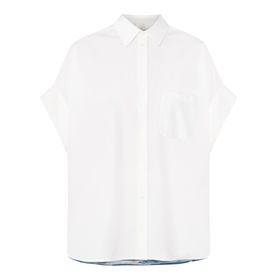 Max Mara Weekend white cotton and silk short-sleeve shirt with point collar, chest pocket, and relaxed boxy fit