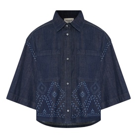 Max Mara Weekend Alare Bandana Shirt in navy denim, cropped boxy fit with three-quarter sleeves, pointed collar, and bandana embroidery hem