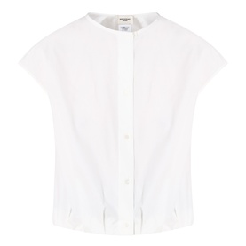 Max Mara Weekend Gelatina Cropped Blouse in white, collarless with cap sleeves, front button fastening and pleated straight hem