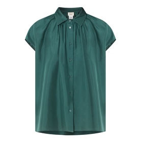 Max Mara Weekend Crine Silk Shirt in dark green with collared neckline, short sleeves, button fastening and pleated details