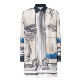 Max Mara Main Teglia Printed Shirt in Stone Boats, 100% silk with nautical boat print, navy collar, long sleeves, and concealed fastening