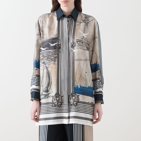 Model wearing Max Mara Main Teglia Printed Shirt in Stone Boats, 100% silk with nautical boat print, classic collar and long sleeves.