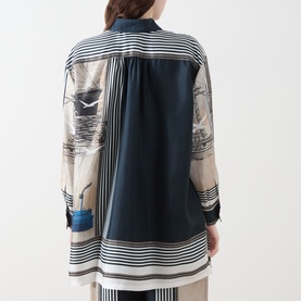 Model wearing Max Mara Main Teglia Printed Shirt in Stone Boats, back view, silk with nautical stripe and boat-themed print, classic collar, long