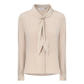 Max Mara Main Dry Bow-Neck Silk Blouse in stone with self-tie bow at neckline, long sleeves, and buttoned cuffs