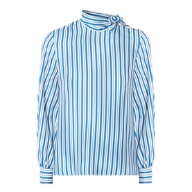 Max Mara Main silk pinstripe blouse in blue and white, high neck with bow detail, long sleeves with buttoned cuffs