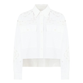 Max Mara Weekend Ariano Lace Cut-Out Blouse in White Lace; cropped cotton shirt with point collar, lace cut-out shoulders, and chest flap pockets