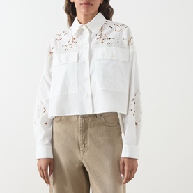 Model wearing Max Mara Weekend Ariano Lace Cut-Out Blouse in white lace, cropped length, with floral embroidered cut-out yoke and chest pockets,