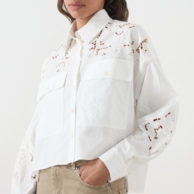 Model wearing Max Mara Weekend Ariano Lace Cut-Out Blouse in White Lace, cropped length with floral lace panels on shoulders and sleeves, chest
