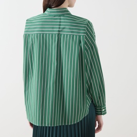 Model wearing Max Mara Weekend Onore Stripe Shirt in Green Big Stripe, back view, with long sleeves and dipped hemline.