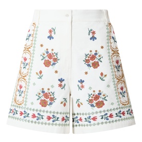 Max Mara Weekend Obice Embroidered Shorts in White Cross, high-rise wide-leg cotton with multicolour floral embroidery throughout