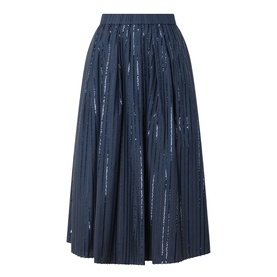 Max Mara Weekend Fiordi Embellished Flared Skirt in navy, midi length, pleated silhouette with sequin embellishment throughout, elasticated waistband