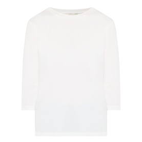 Max Mara Weekend Multia Logo Top in white, round neckline, three-quarter-length sleeves, stretch cotton fabric with split side seams