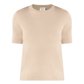 Max Mara Weekend Tapioca Fine-Knit Sweater in sand, crew neck, dropped shoulders, short sleeves, straight hem with piped trims