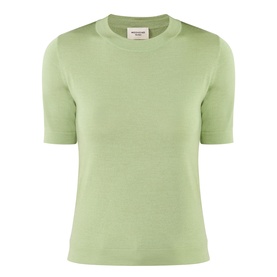 Max Mara Weekend green wool-silk-cashmere blend short-sleeve knit T-shirt with crew neck, flatlay view