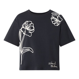 Max Mara Weekend Sala Flower Boxy T-Shirt in black with white embroidered floral outlines and branded script lettering, short sleeves, round neck