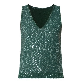 Max Mara Weekend Milord Embellished Knitted Vest in green, sleeveless with V-neckline, all-over sequin embellishment and ribbed trim